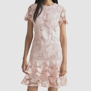 SHOSHANNA Peach Short Sleeve Embroidered Eyelet Tiered Ruffle Fit & Flare 0